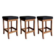 Kit 3 Banquetas Média Estofada para Cozinha Barcelona Madeira Castanho