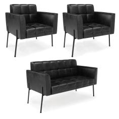 Sofá Namoradeira E 2 Poltronas Pé De Ferro Preto Elisa Corano D03 - D'rossi Cor Preto