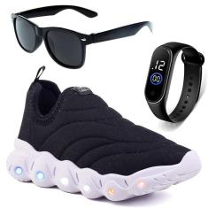 Tenis Infantil De Led Calce Facil Elastico Meninos Masculino + Oculos Relogio-Masculino