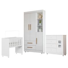 Quarto de Bebê Mini Berço com Colchão, Cômoda 1 Porta 4 Gavetas e Roup
