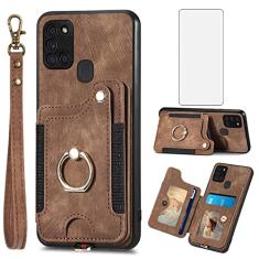Asuwish Capa de telefone para Samsung Galaxy A21S capa carteira com protetor de tela de vidro temperado e alça de pulso RFID suporte de cartão de crédito anel acessórios de celular A 21S feminino
