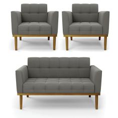 Namoradeira Com 2 Poltronas Base De Madeira Castanho Elisa Suede D03 - D\'rossi Cor Grafite