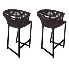 Kit 2 Banquetas Reis Em Corda Náutica E Base Em Alumínio Preta Para área Gourmet Externa Marrom