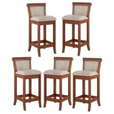 Kit 5 Banquetas Média Estofada Encosto Mônaco 36x90Cm Madeira Maciça Linho Bege M58