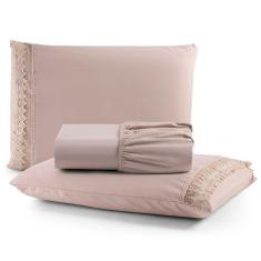 Jogo Cama Lençol Haia Casal Padrão Percal 200 Fios 100% Algodão Guipir Bordado Inglês 3 Peças - Avelã