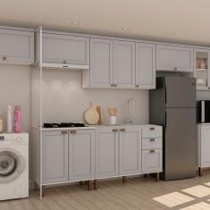 Cozinha Modulada Completa Com Aérea De Serviço Integrada 100% Mdf Com Tampo Impermeável Branco Fendi