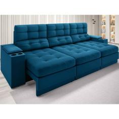 Sofá com Porta Copos e Carregador USB Eureka 2,30m Assento Retrátil e Reclinável Velosuede - NETSOFAS