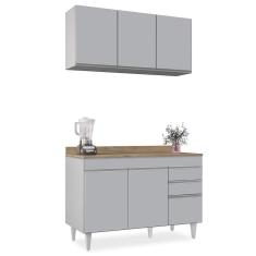 Armário De Cozinha Aéreo Virgínia E Balcão Com Tampo 120cm Michigan Cinza Claro/castanho - Lumil