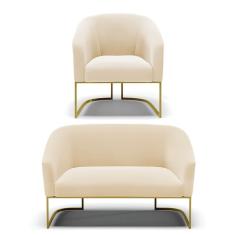 Sofá Namoradeira Com Poltrona Stella Suede D03 Base Industrial Dourado Bege D'Rossi