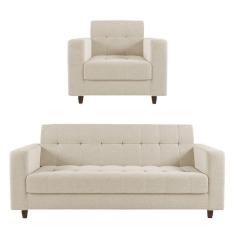 Kit 01 Sofá 03 Lugares E 01 Poltrona Arezzo Linho Bege A19 Pés Chanfrado Tabaco - D`rossi