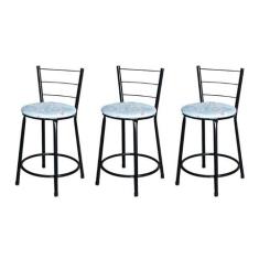 Jogo 3 Banqueta Baixa Para Cozinha Epoxi Preta Estofado Floral - Lamar