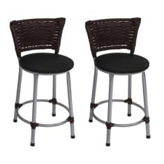 Kit 2 Banquetas Baixas Prata com Encosto Junco Argila Assento Preto - 