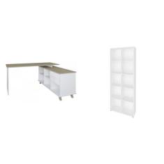 Conjunto Home Office 2 Peças 1 Escrivaninha Em L E 1 Estante 10 Nichos Retrô Artany Olmo/branco