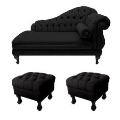 Divã Recamier Namoradeira Larissa 150cm + 2 Puffs Retrô Suede Preto  - LM DECOR