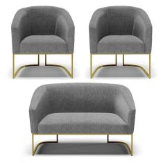 Namoradeira E 2 Poltronas Base Industrial Dourado Stella Linho Grafite A26 D03 - D`rossi