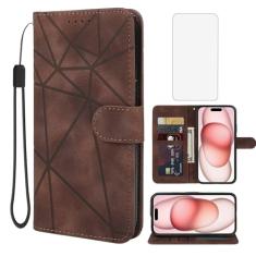 Wanyuexes Capa para iPhone 15 de 6,1 polegadas, capa carteira para Apple 15 com protetor de tela de vidro temperado, toque de pele PU, flip fólio, suporte para cartão de crédito, suporte para iPhone