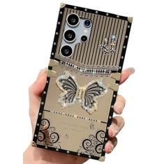 TETAW Linda capa compatível com Samsung Galaxy S24 Ultra com suporte dobrável de borboleta brilhante de luxo, capa protetora antiderrapante de policarbonato macio com glitter para mulheres e meninas