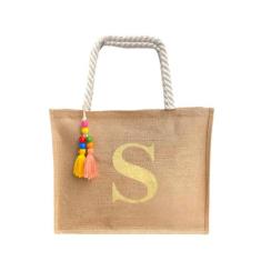 Bolsa De Praia Juta Personalizada Com Letra Inicial Dourada - Bogu By 