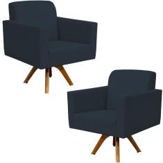 Kit 02 Poltronas Giratória Base Madeira Suede Azul Marinho