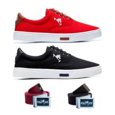 Kit 2 Tênis Casual Em Lona E 2 Cintos Polo Joy Preto e Vermelho 38
