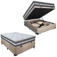 Cama Box Baú Casal Suede + Colchão Anjos Black Graphite Molas Ensacada