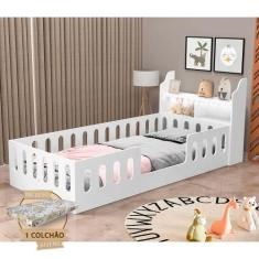 Cama Cercadinho Infantil Mdf Helo Solteiro com Colchão + Nicho e Led B