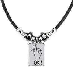 DIYthinker Colar com padrão de gesto personalizado preto OK joia torque pingente de corda de couro