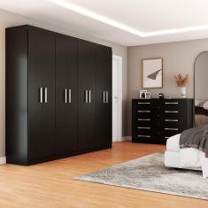 Quarto de Casal Ele e Ela Guarda-Roupa 8 Portas e 8 Prateleiras Cômoda 10 Gavetas Preto - Panorama Móveis