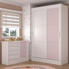 Quarto Infantil Completo Guarda-Roupa 2 Portas 2 Gavetas Com Cômoda Maya Espresso Móveis Branco/Rosa