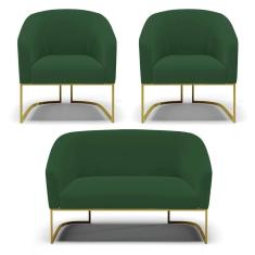 Sofá Namoradeira E 2 Poltronas Base Industrial Dourado Stella Veludo Verde D03 - D`rossi