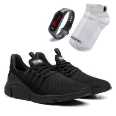 Kit Tênis Venetto Caminhada Leve + Relógio Digital + Meia, 37, Preto