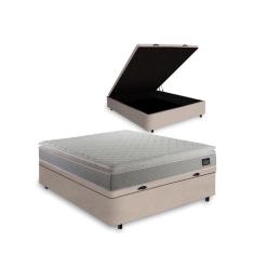 Cama Box Baú Casal + Colchão Strong D45 One Face Bege 138x188x66cm - Suporta até 150Kg Por Pessoa