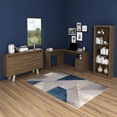 Conjunto Home Office 3 Peças 1 Escrivaninha em L 1 Estante 1 Balcão 3 Portas Tecno Mobili Nogal