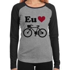 Baby Look Raglan Eu Amo Bicicleta Manga Longa - Foca na Moda, Cinza, P