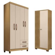 Guarda Roupa Solteiro Modena 4 Portas e Armário Multiuso Versatile Carvalho Americano Off White - Incorplac