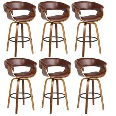 Kit 6 Banquetas Giratória Alta Com Encosto Base Madeira Ravi R02 Sintético Marrom - Mpozenato