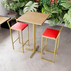 Jogo Mesa Alta Bistrô Quadrada Pinus 2 Banquetas Estofado Confort Indu