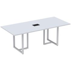 Mesa De Reunião Com Caixa De Tomada Retangular 200X90 Cm Pé Tubular Pe25 Em Mdp Cinza Com Base Cinza
