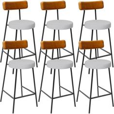 Kit 06 Banquetas Baixa Cozinha E Sala Jantar Bancada Milão L02 Couríssimo Whisky Cinza - Lyam Decor