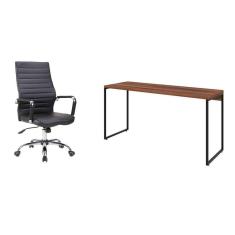 conjunto de mesa studio nogal 150 cm com cadeira de escritório diretor giratória cleaner preta