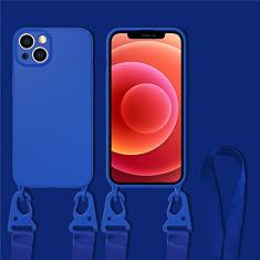 Capa de colar com alça de corda de cordão crossbody para iPhone 11 12 13 14 15 Pro Max Mini XS X XR 7 8 Plus SE Capa de silicone líquido, azul safira, para iPhone 14