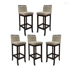 Kit 5 Banquetas Alta para Balcão de Cozinha Nice Madeira Maciça Matelassê Suede Bege CCS