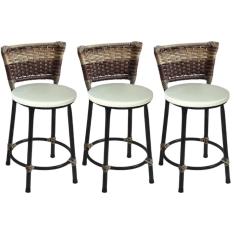 Kit 3 Banquetas Baixas Preta com Encosto Junco Capuccino Assento Branco