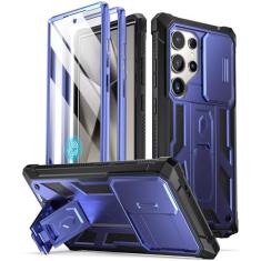 Capa Poetic Spartan para Galaxy S24 Ultra de 6,8”, capa de câmera deslizante, película compatível com sensor de impressão digital, resistente de grau militar com suporte, azul-escuro (midnight blue)