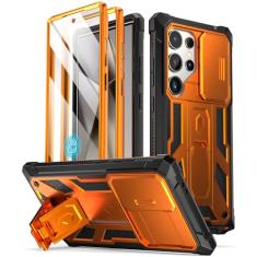 Capa Poetic Spartan para Galaxy S24 Ultra de 6,8”, capa de câmera deslizante, película compatível com sensor de impressão digital, à prova de impacto de grau militar com suporte, laranja-metálico