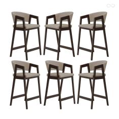 Kit 6 Banquetas Alta para Cozinha Ravena em Madeira Maciça Capuccino Suede Bege CCS