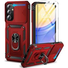 BaHaHoues Capa para Samsung Galaxy A15 5G com protetor de tela e capa de lente de câmera deslizante, suporte de anel magnético de rotação de 360° integrado à prova de choque, capa protetora para