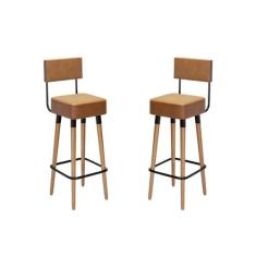 Kit 2 Banquetas Banco Alto Barcelona Couro Amarula Bar Cozinha Pés Mad
