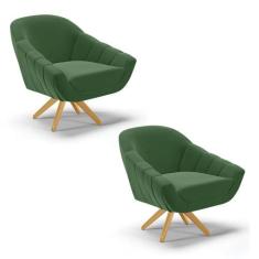 Kit 02 Poltronas Giratória Giovana Suede Verde Base Madeira MA30 D03 -