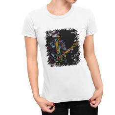 Camiseta ECF Feminina Guitarrista Estilizado Manga Curta Branca Poliester